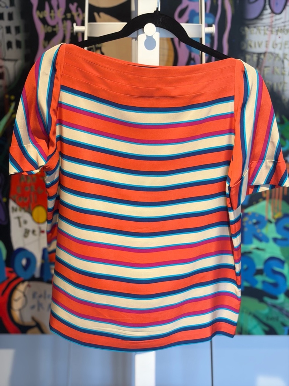 Marc by Marc Jacobs 100% Silk Orange Multicolor Striped Short Sleeve